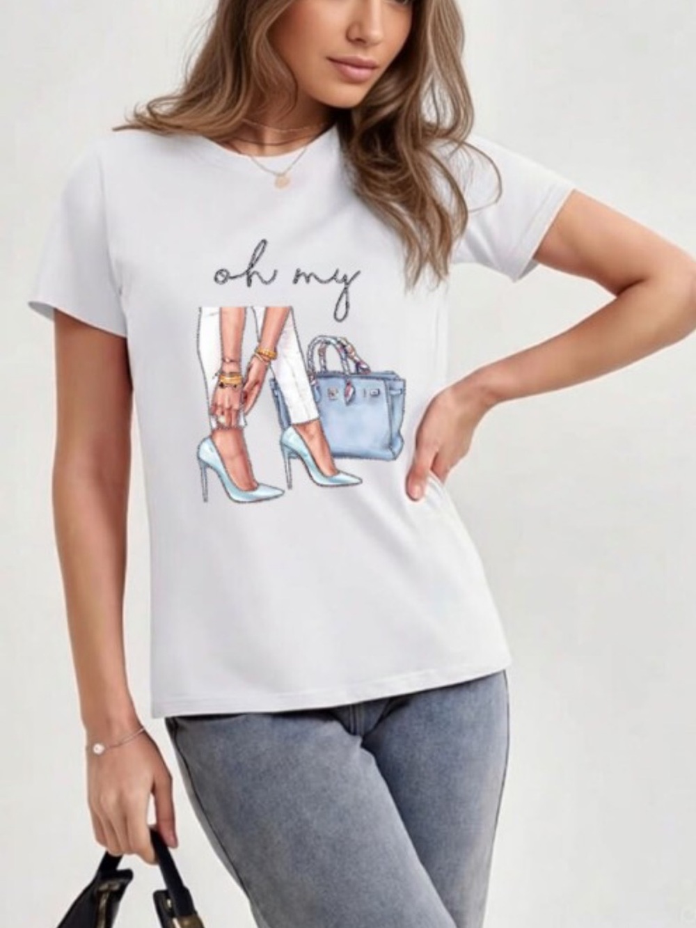 ShopEvelynne White Graphic Tee with Blue Accent